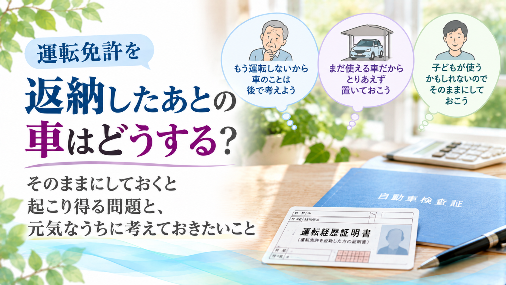 運転免許を返納したあとの自動車の取り扱いについて紹介するアイキャッチ画像。運転経歴証明書や車検証を背景に、車をそのまま置いておく場合の問題や、家族への譲渡、売却・廃車などを考えるきっかけを表現